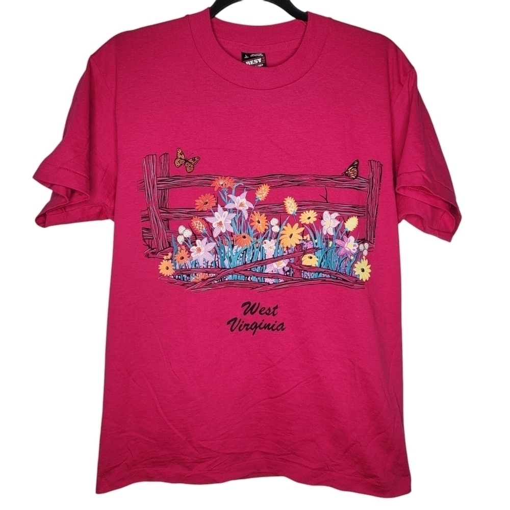 Vintage 90s West Virginia Flowers Butterflies Fence Graphic T-Shirt in Pink Sz L